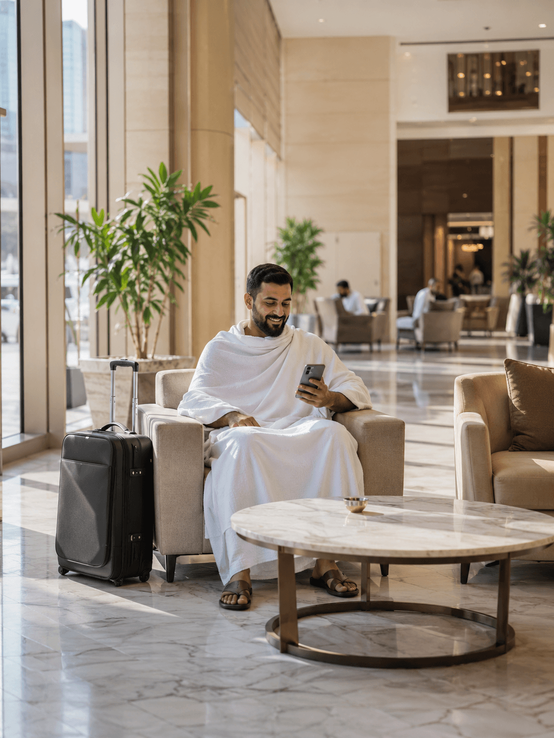 حاج يرتدي الإحرام يبتسم أثناء استخدام هاتفه في بهو فندق مضيء
