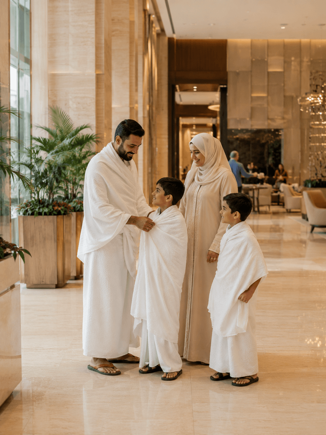 عائلة مرتدية الإحرام في بهو فندق