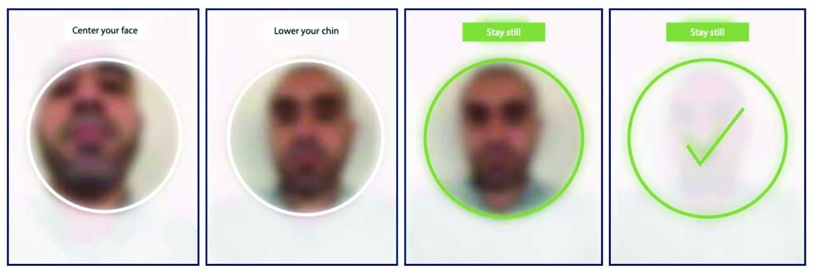 أربع شاشات لالتقاط الوجه تظهر فيها تعليمات توسيط الوجه وخفض الذقن والثبات، وتنتهي بعلامة صح خضراء