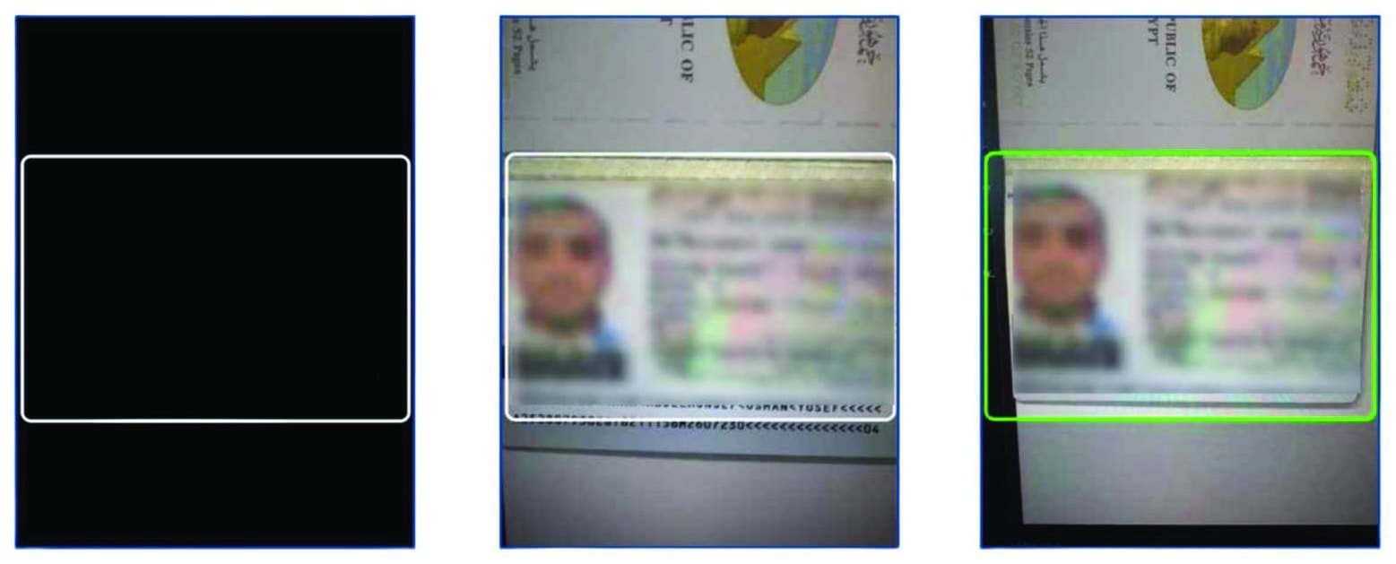 ثلاث شاشات من التطبيق تُظهر تأطير صفحة الجواز ومسحها، وتنتهي بإطار أخضر حول الصفحة