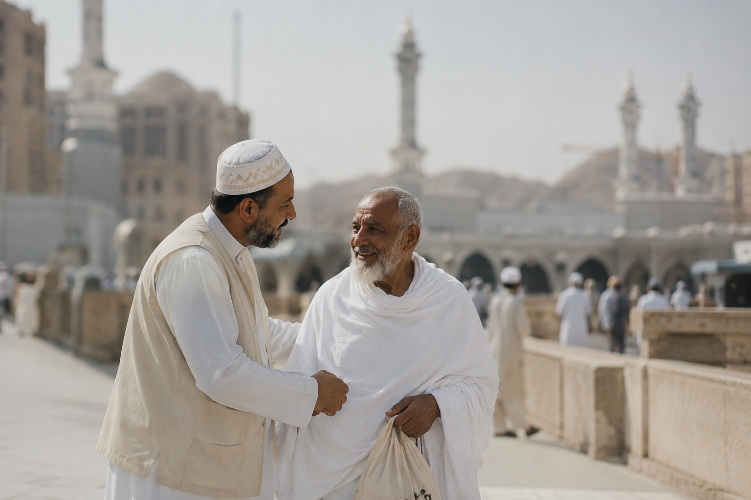 حاجّان يتحدثان في باحة المسجد